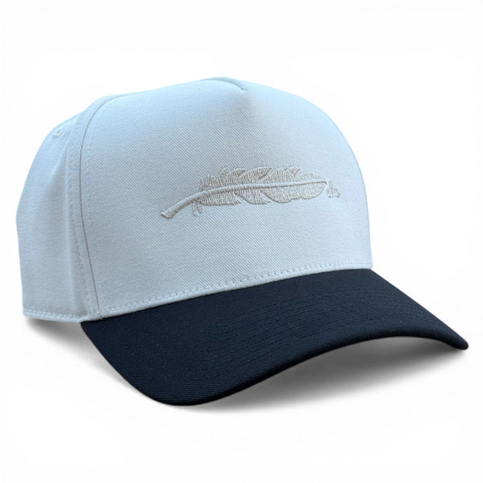 Stockyard white and black cotton snapback with AHC feather, Armadillo Hat Co.