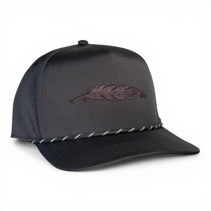 Blackout black rope snapback with AHC feather, fits size 8, Armadillo Hat Co.