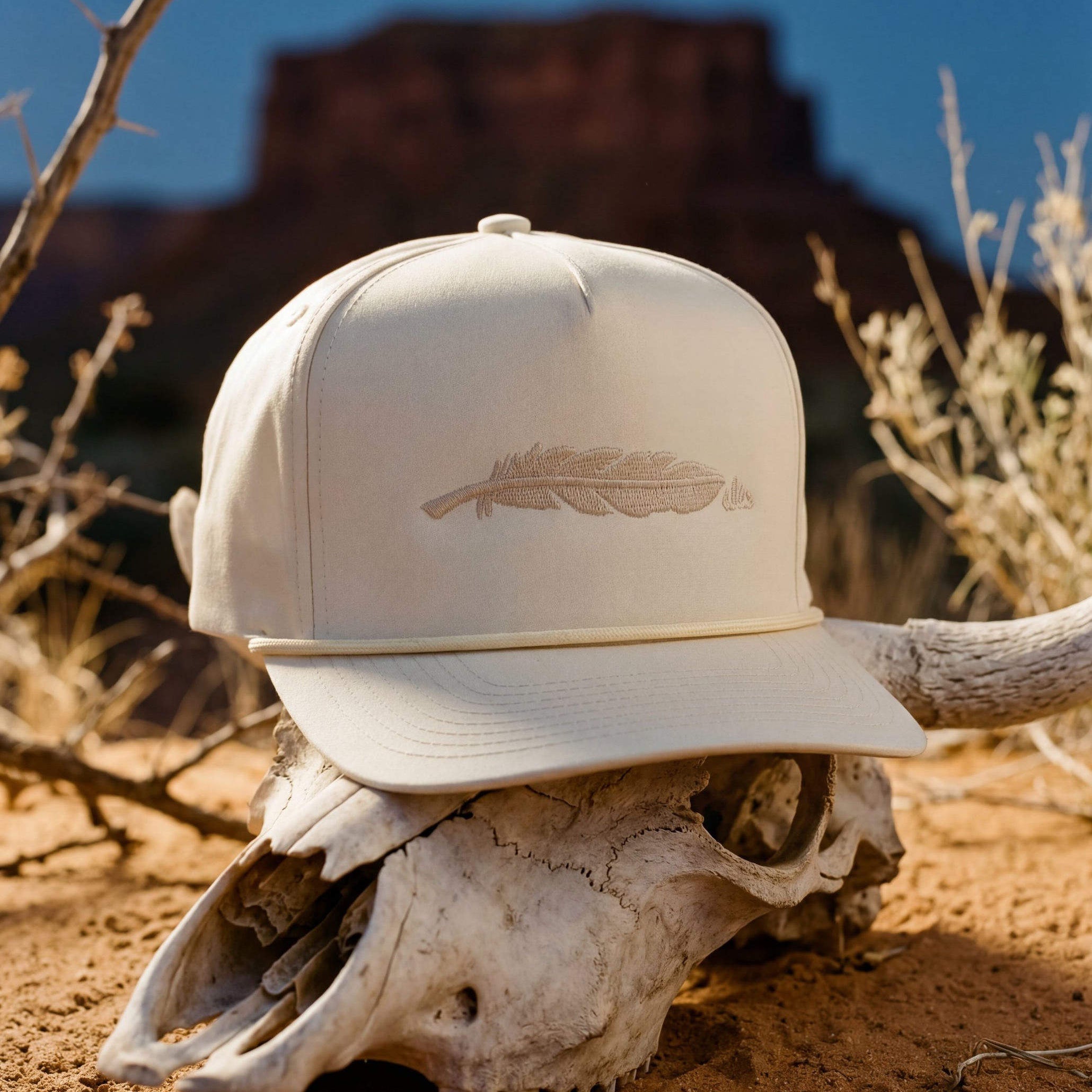 The Buckskin hat on a cow skull in the desert