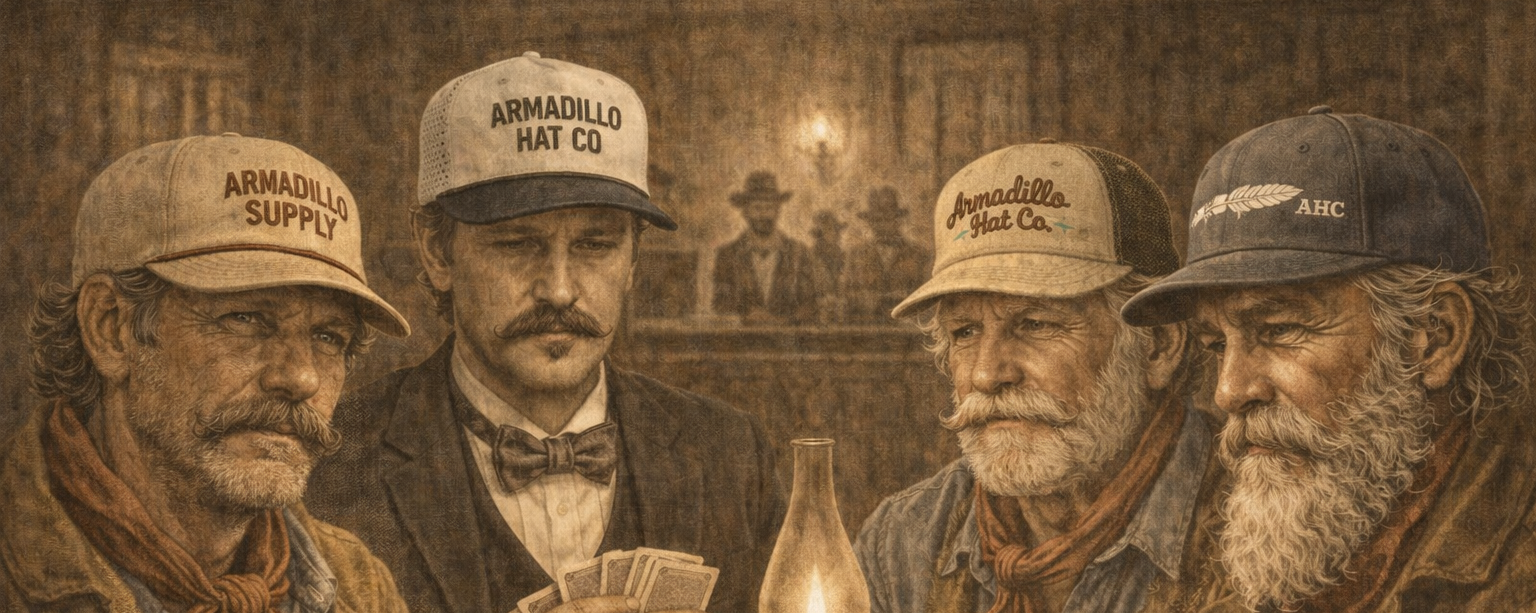 Illustration of four men playing cards around a lantern, wearing hats with brand names.