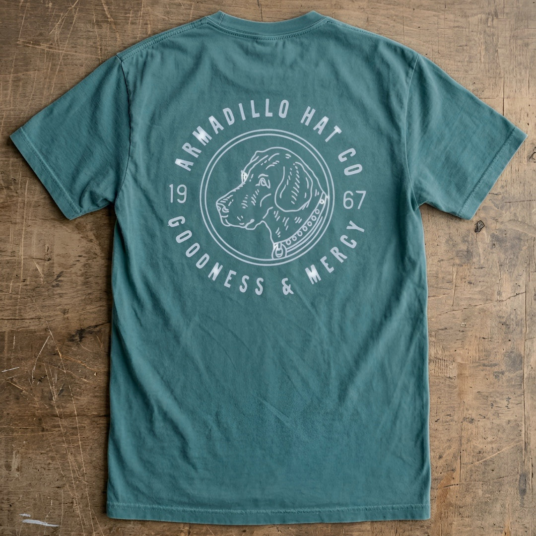 Bird Dog Tee back print — dog badge with Goodness & Mercy, Psalm 23:6, on Comfort Colors 1717 Blue Spruce