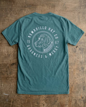 Bird Dog Tee back print — dog badge with Goodness & Mercy, Psalm 23:6, on Comfort Colors 1717 Blue Spruce