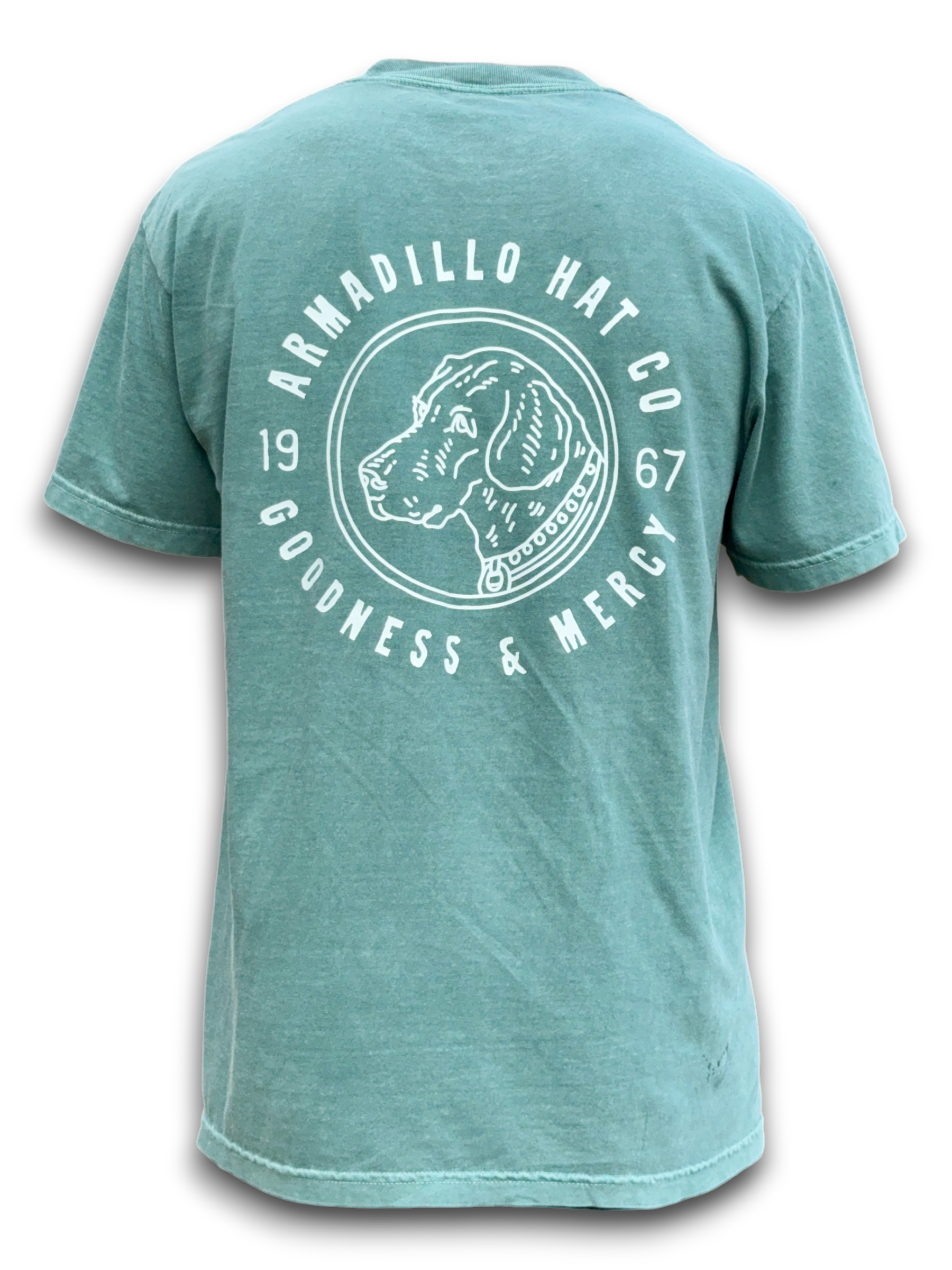 Bird Dog Tee back print — dog badge with Goodness & Mercy, Psalm 23:6, on washed spruce green