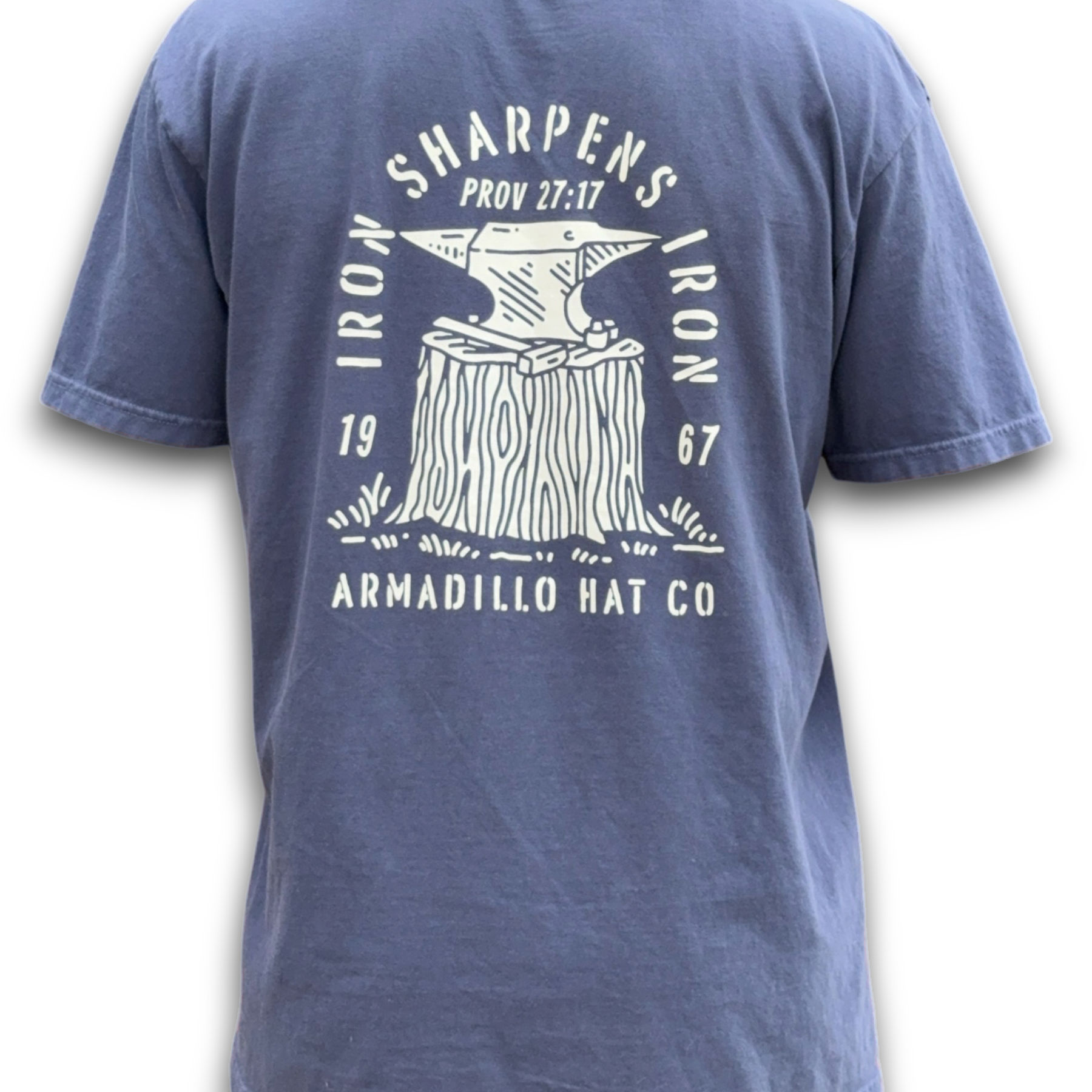 Forged Tee back print — anvil with Iron Sharpens Iron, Proverbs 27:17, on washed navy