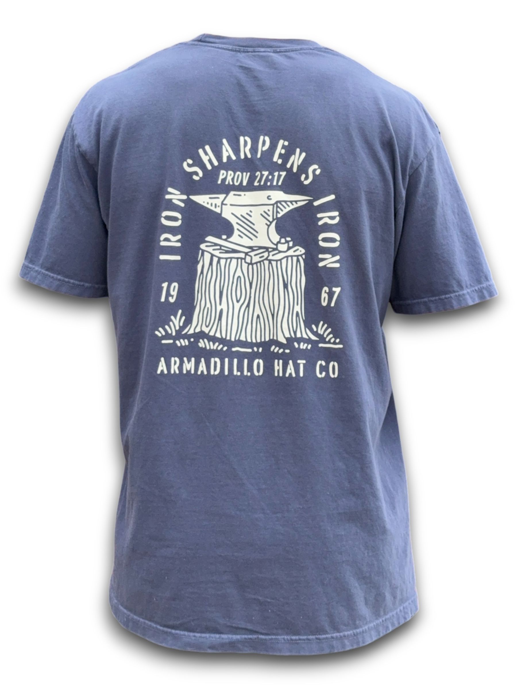 Forged Tee back print — anvil with Iron Sharpens Iron, Proverbs 27:17, on washed navy