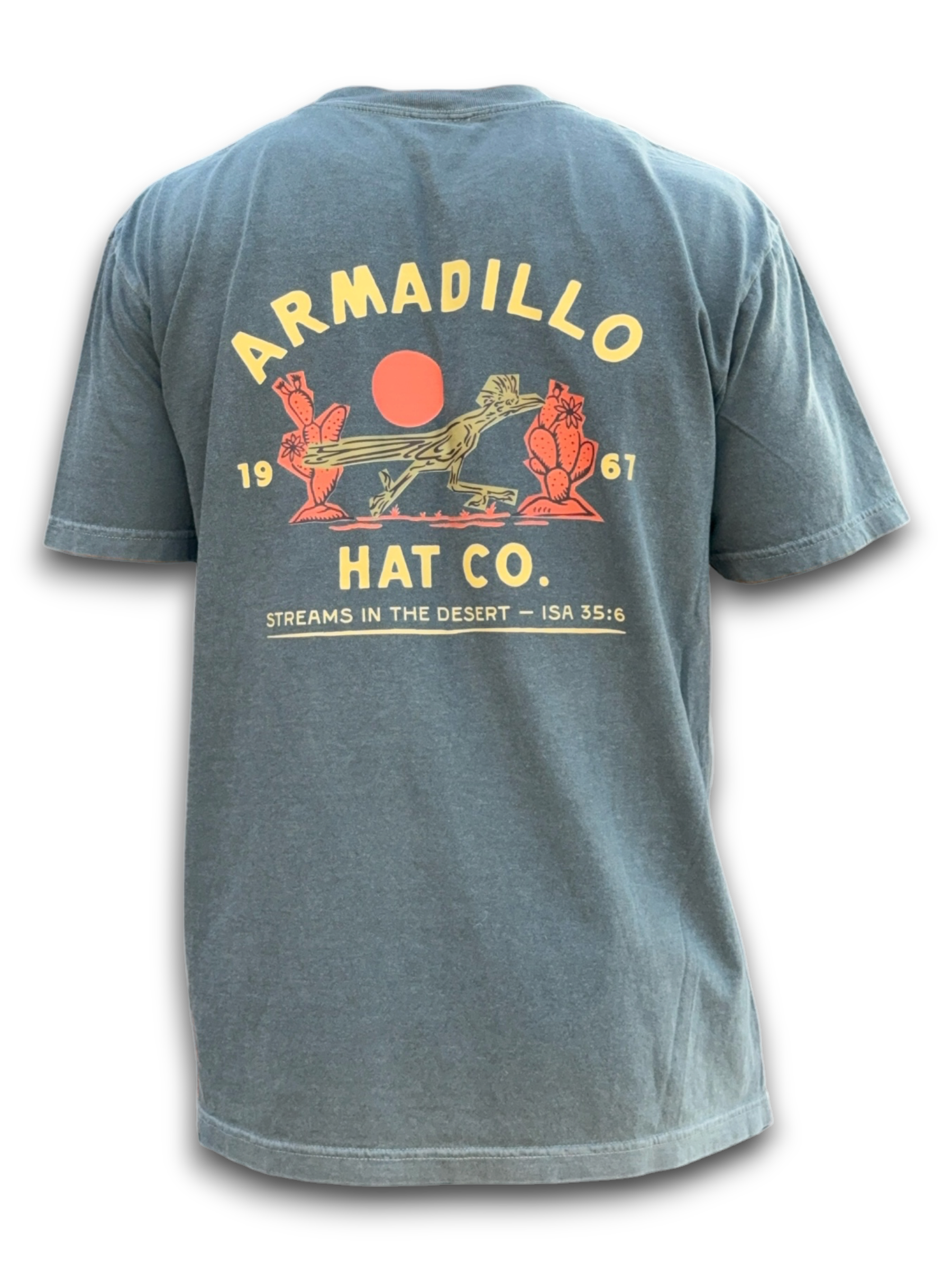 Roadrunner Tee back print — roadrunner, cactus and red sun with Streams in the Desert, Isaiah 35:6, on washed denim blue