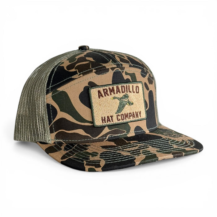 Retro Duck camo 7-panel trucker hat, Armadillo Hat Co.