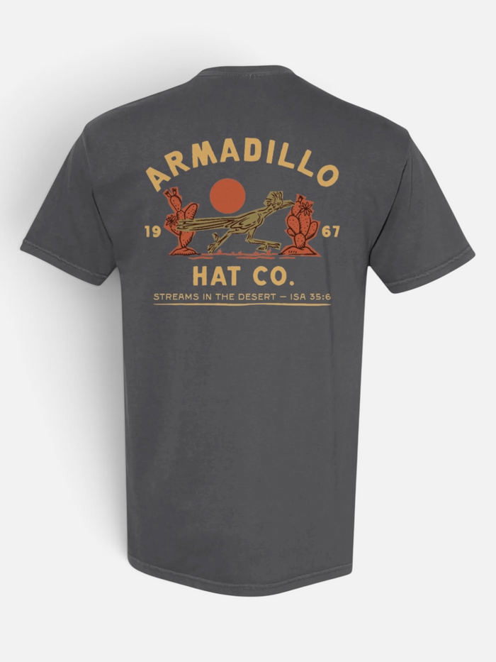 Roadrunner Tee back print, Streams in the Desert Isaiah 35:6 roadrunner and red sun design on a Pepper charcoal Comfort Colors tee, Armadillo Hat Co.