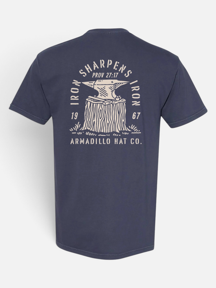 Forged Tee back print, Iron Sharpens Iron Proverbs 27:17 anvil design in cream on a washed navy Comfort Colors tee, Armadillo Hat Co.