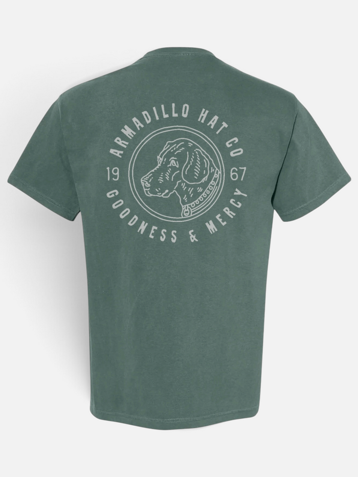 Bird Dog Tee back print, Goodness and Mercy 1967 bird dog design on a Blue Spruce green Comfort Colors tee, Armadillo Hat Co.