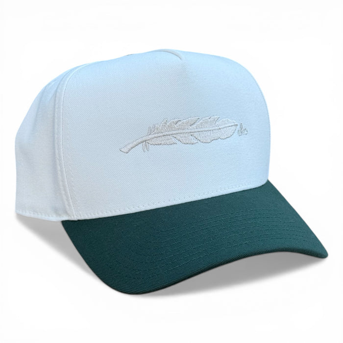 Augusta white and green cotton snapback with AHC feather, Armadillo Hat Co.
