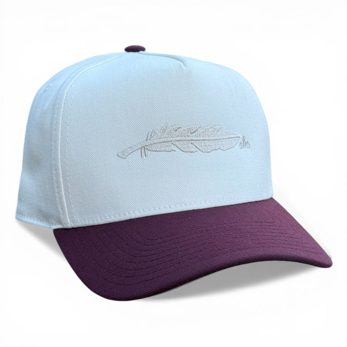 Mesquite white and maroon cotton snapback with AHC feather, Armadillo Hat Co.