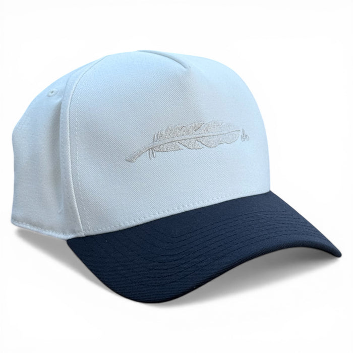 Harbor white and navy cotton snapback with AHC feather, Armadillo Hat Co.