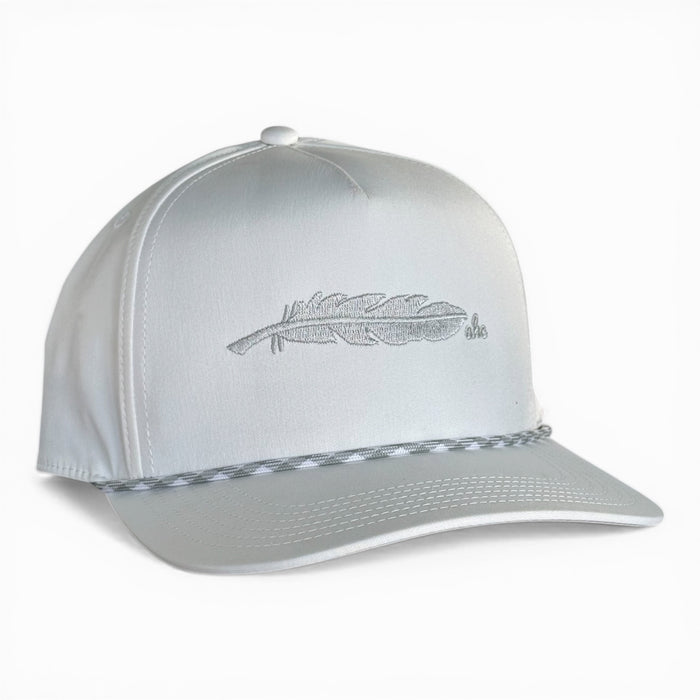 Whiteout white rope snapback with AHC feather, fits size 8, Armadillo Hat Co.