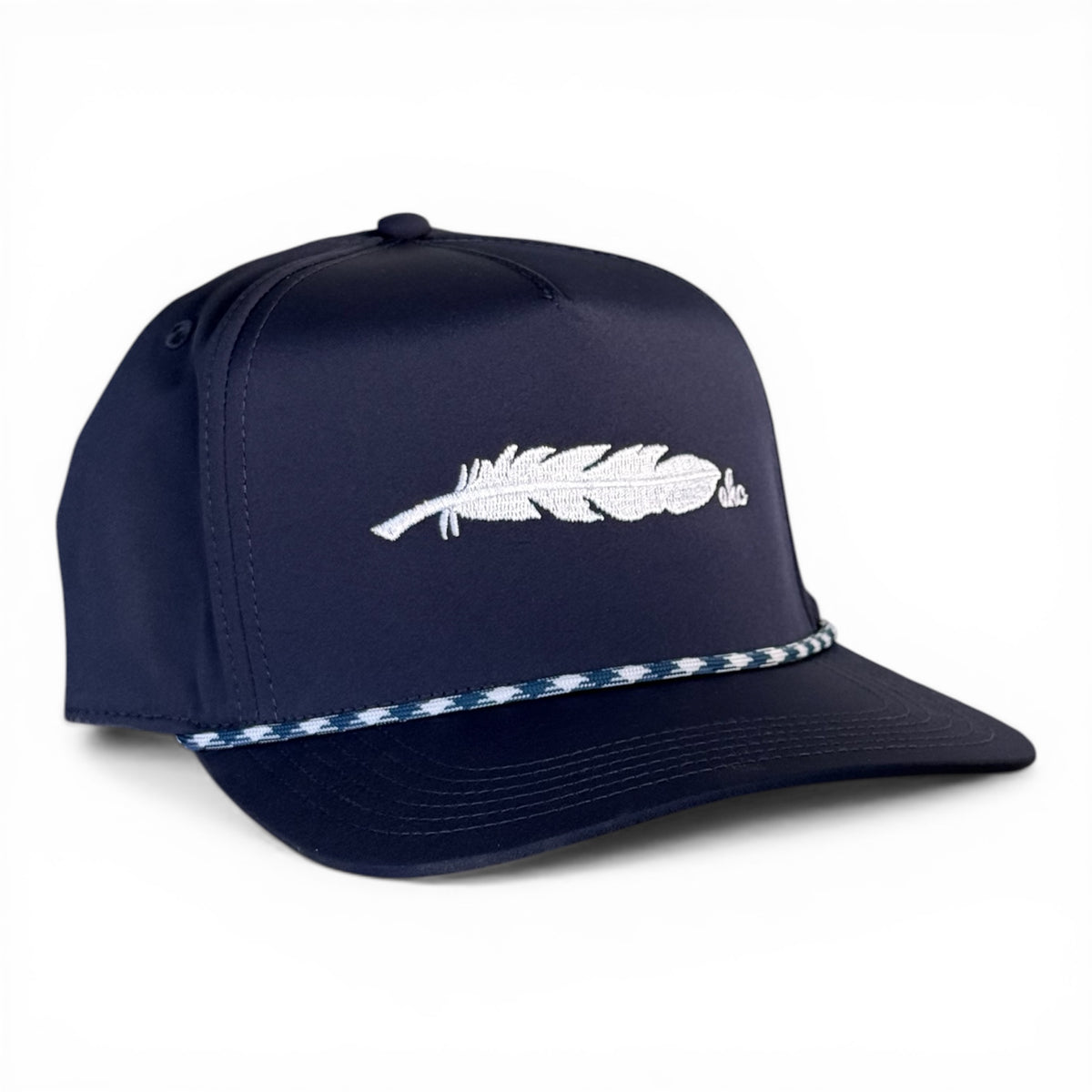 Admiral navy rope snapback with white AHC feather, fits size 8, Armadillo Hat Co.