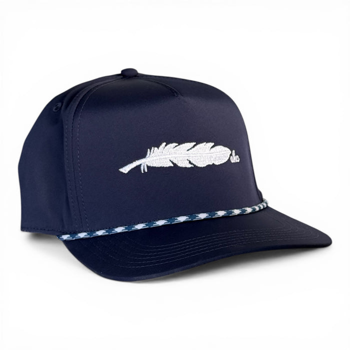 Admiral navy rope snapback with white AHC feather, fits size 8, Armadillo Hat Co.