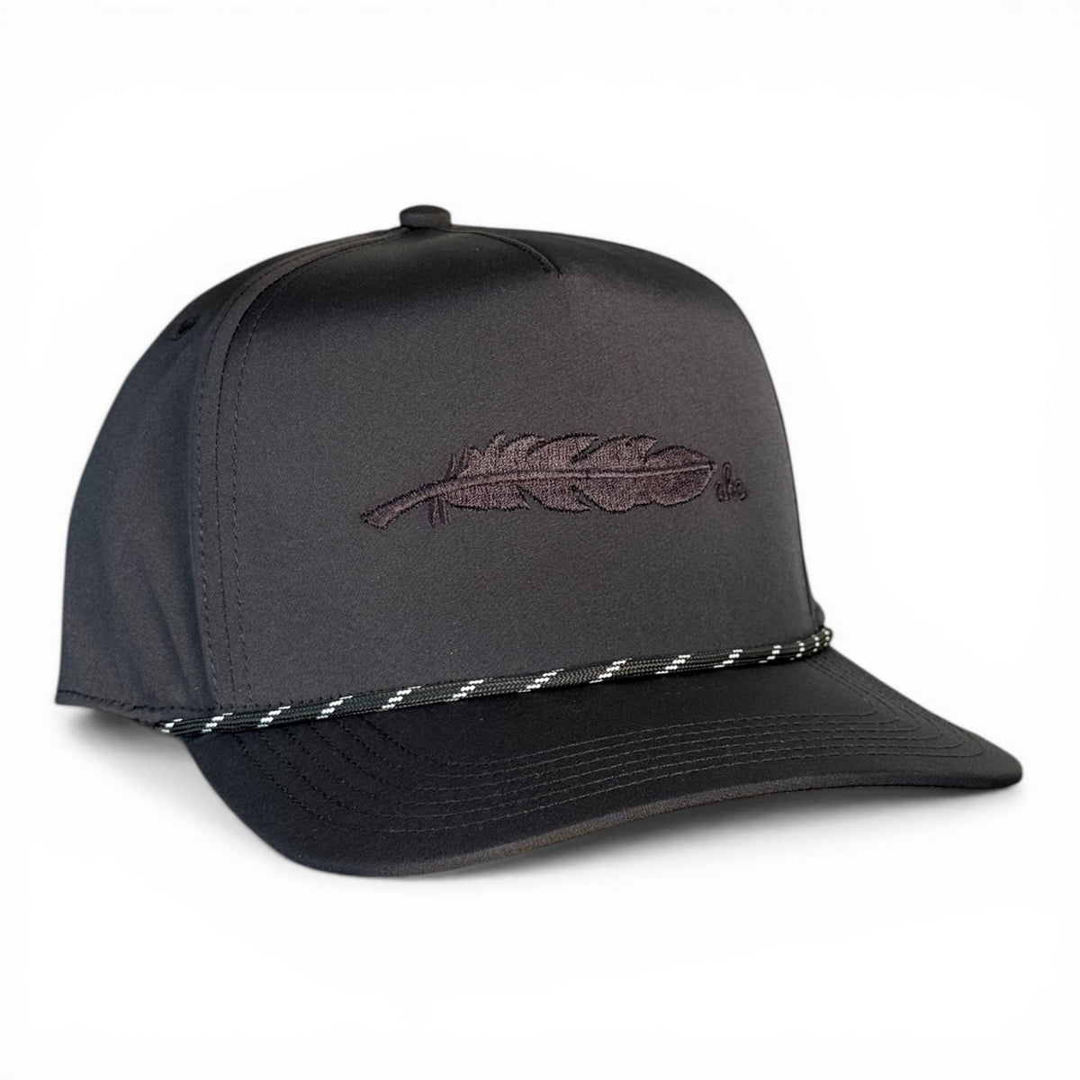 Blackout black rope snapback with AHC feather, fits size 8, Armadillo Hat Co.