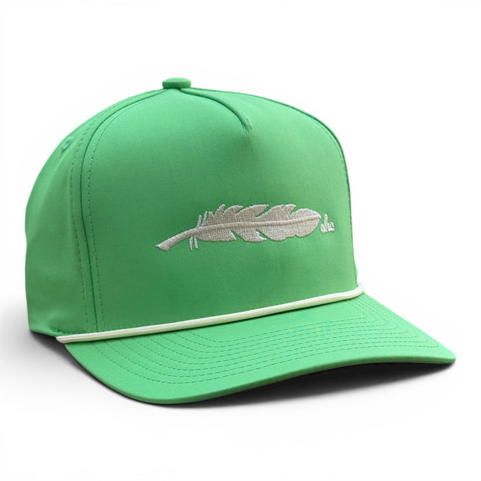 The Agave sage-green rope snapback with cream feather embroidery, Armadillo Hat Co.