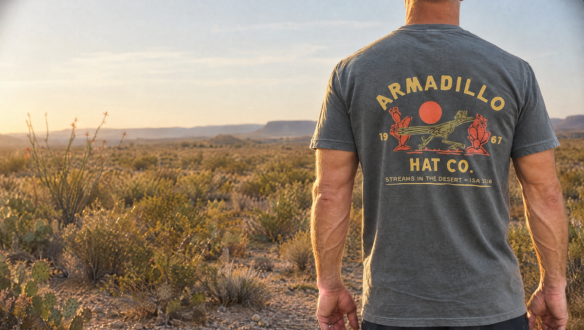 Back of the Armadillo Hat Co. roadrunner tee in the West Texas desert