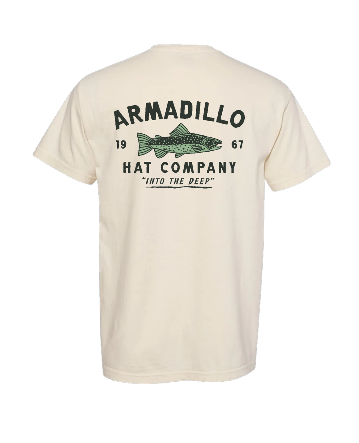 Trout Tee back print, Into the Deep hand-drawn trout design in forest green and sage on an Ivory Comfort Colors tee, Armadillo Hat Co.