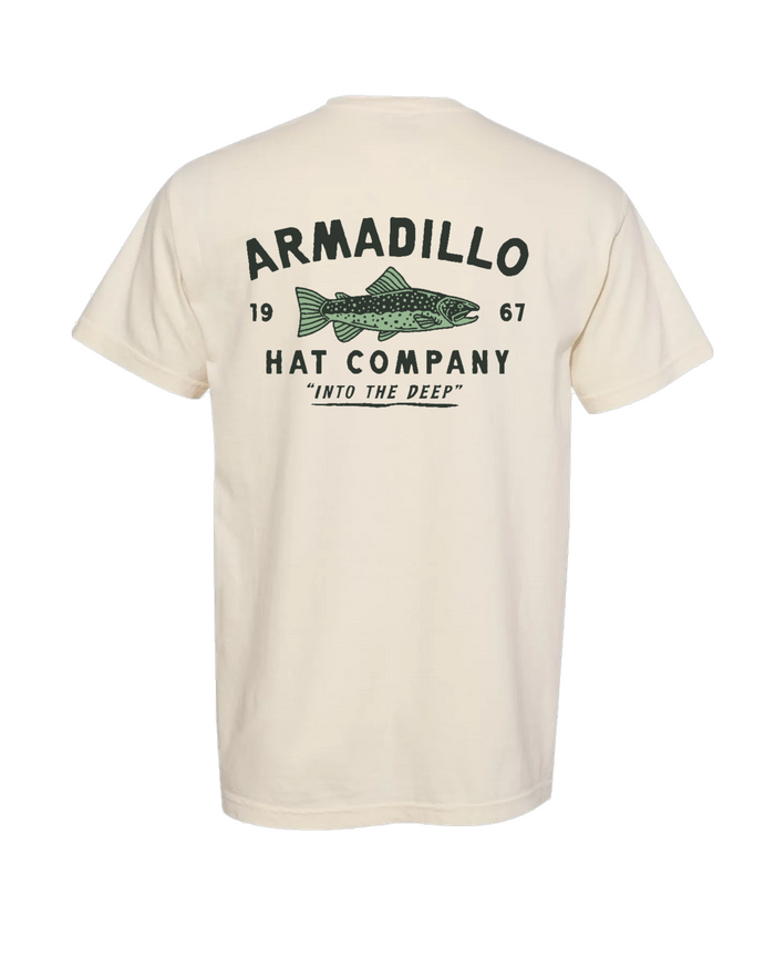 Trout Tee back print, Into the Deep hand-drawn trout design in forest green and sage on an Ivory Comfort Colors tee, Armadillo Hat Co.